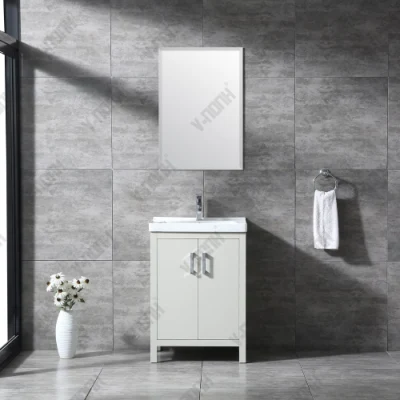 Kleiner, 24 Zoll großer, moderner Badezimmer-Waschtisch in Beige mit Einzelwaschbecken