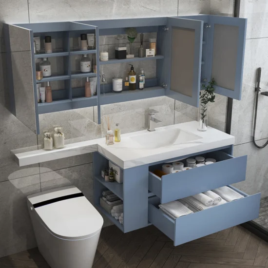 Marmor-Badezimmer-Waschtisch, Waschbeckenschränke, Badezimmer-Wand-Waschtisch mit intelligentem LED-Spiegel